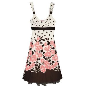 3 PINK HEARTS TRIXXI Brown Pink Floral Dot Babydoll Dress Y2K Style SIZE MEDIUM